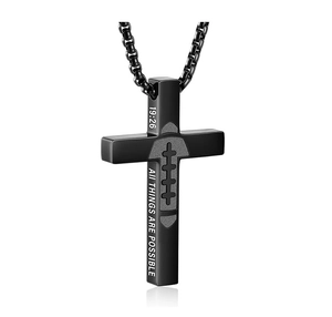 Matte black stainless steel cross necklace featuring football texture and engraved quote