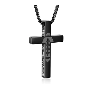 Black stainless steel cross necklace with football stitching and I AM WITH YOU ALWAYS engraving