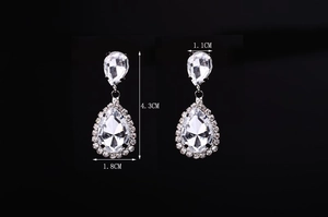 Detail showing dimensions of sparkling teardrop zircon earrings with silver finish