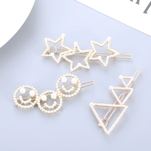 Lot de 3 barrettes à cheveux dorées avec étoiles, smileys et perles d'imitation