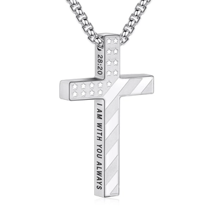 Silver stainless steel cross necklace featuring Bible engraving and US flag pattern