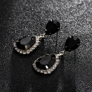 Sparkling waterdrop earrings with black zircon stones and silver plating for women