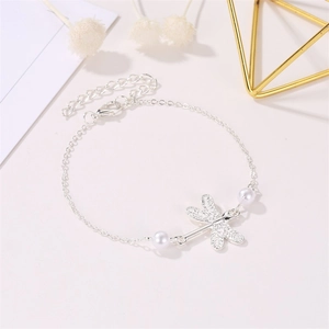 Silver dragonfly anklet with white pearls and delicate chain for beach wear