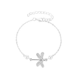 Silver dragonfly anklet for women featuring delicate pearls and adjustable lobster clasp chain