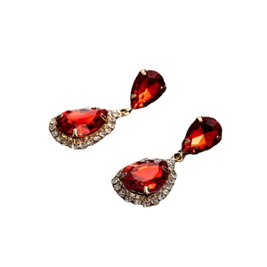 Vintage gold-plated drop earrings with large red pear-cut zircon and crystal halo