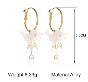 Macro view of crystal flower drop earrings with white matte petals and alloy hoop detail