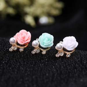 Elegant rose flower stud earrings with resin petals and white pearls in three colors