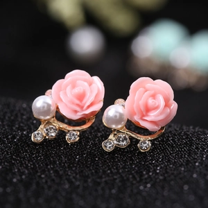 Elegant Rose Flower Studs Alloy Resin Floral With Stainless Steel Earring Post Artificial Pearl Rhinestone For Women Party Jewelry