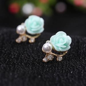 Elegant mint green resin rose stud earrings with pearls and crystals on gold alloy