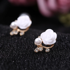 Elegant rose flower stud earrings with white pearl and sparkling crystals on gold base