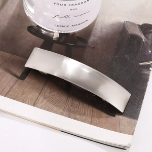 Minimalist silver rectangular brushed metal spring hair clip on a fashion magazine background