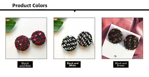 Close-up of vintage plaid tweed earrings in black, red, and white color variations