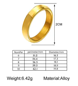 Size chart for gold minimalist alloy ring showing circumferences from 51.8mm to 62.1mm