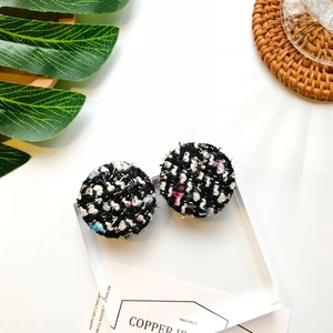 Retro Korean round plaid wool fabric hoop earrings in tweed style with textured weaving