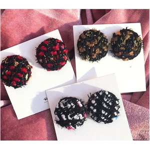 Retro Tweed Button Stud Earrings Round Plaid Fabric Elegant Korean Style Circular Earrings For Women Jewelry