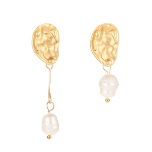 Minimalist asymmetric gold earrings featuring irregular hammer-finish metal and freshwater pearls