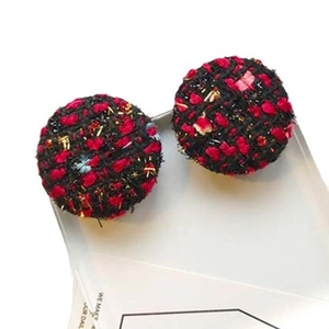 Vintage wool plaid round hoop earrings with elegant red and black tweed fabric