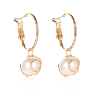 Gold Alloy Artificial Pearl Hoop Earrings With Steel Earring Post Elegant Wire Wrapped Artificial Pearl Dangle Earrings For Women Jewelry