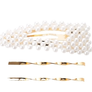 Élégant ensemble de 3 pinces à cheveux avec perles nacrées et barrettes dorées ondulées