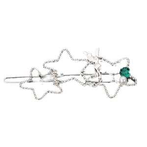 Barrette argentée à étoiles évidées avec cristal vert et perles blanches élégantes