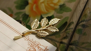 Gros plan d'une barrette feuille de branche d'olivier dorée sur carte de style vintage