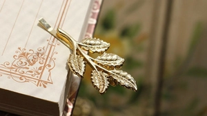 Détail d'une pince à cheveux feuille d'olivier dorée sur une page de carnet