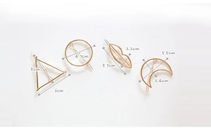 Detailed size parameters for minimalist gold geometric hair clips with four shapes