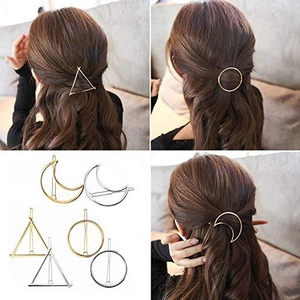 Minimalist geometric alloy hair clips in gold and silver showing moon and circle shapes