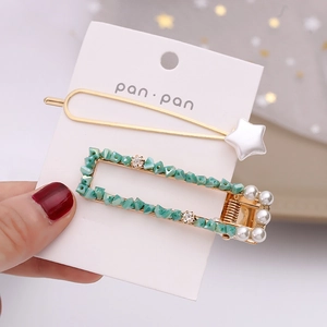 Handmade gold hair clip set with white star and green crystals with faux pearls