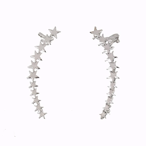 Polished silver alloy star ear crawler earrings showing the curved celestial design