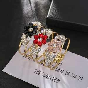 Elegant floral rhinestone open bangles in black red and pink with gold plating