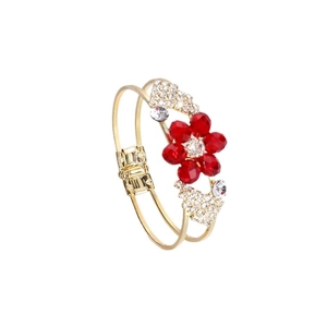 Fashionable double-layer gold bangle featuring a red crystal flower with zircon accents