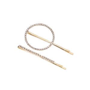 Lot de deux barrettes dorées avec strass étincelants en formes de cercle et de barre