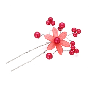Handmade bridal U-shaped hair pin featuring a red flower with pearls and crystals