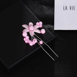 Pink handmade flower hair pin with pearls and diamonds for bridal hair styling