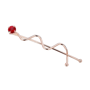 Elegante fermaglio per capelli a onda oro rosa con strass rosso lucido su sfondo bianco