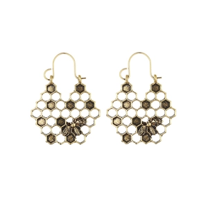 Bohemian honeycomb drop earrings with honeybee motif in vintage gold finish