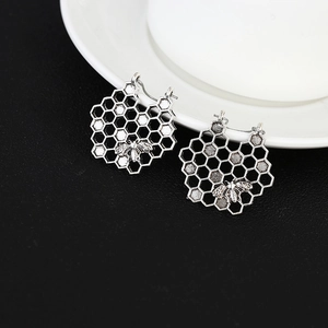 Bohemian style silver alloy hoop earrings with hollow honeycomb grid and bee charms