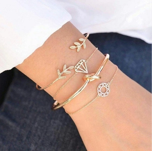 Ensemble de Bracelets Joncs Ouverts en Alliage Doré Minimaliste avec Nœud de Feuille pour Femmes Bracelet Chaîne Creuse Géométrique Bijoux