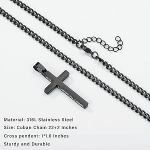 Black 316L stainless steel cross necklace with cuban chain and engraved scripture