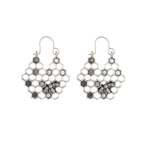 Vintage silver alloy honeycomb earrings with honeybee motif and openwork floral design