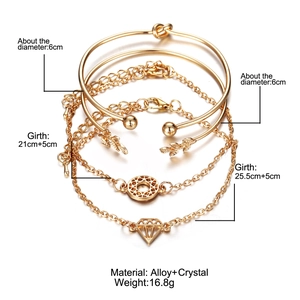 Parure de 4 bijoux dorés avec bracelet feuille et jonc en cristal pour femme