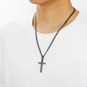 Men's black stainless steel cross pendant necklace with engraved matte Cuban chain