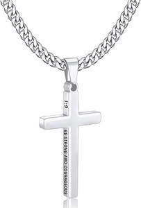 Macro view showing the detailed 4:13 engraving on the side of a silver cross necklace