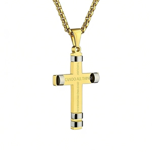 Colgante de cruz de acero inoxidable bicolor con versículo bíblico grabado para hombre
