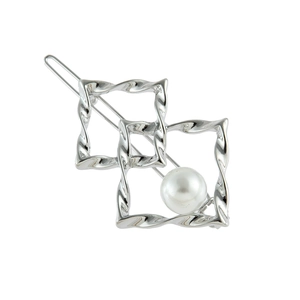 Barrette géométrique argentée à double carré avec perle et texture torsadée