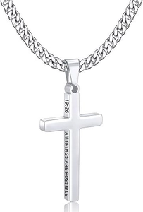 Detailed engraving of Bible verse 19:26 on a polished stainless steel cross pendant