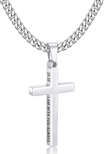 Detailed view of stainless steel cross pendant with I AM WITH YOU ALWAYS side engraving