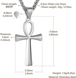 Detailed dimensions of silver Ankh cross pendant necklace with 60cm stainless steel chain