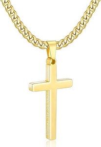 Macro view of gold cross pendant with engraved bible verse 4:13 and cuban link chain